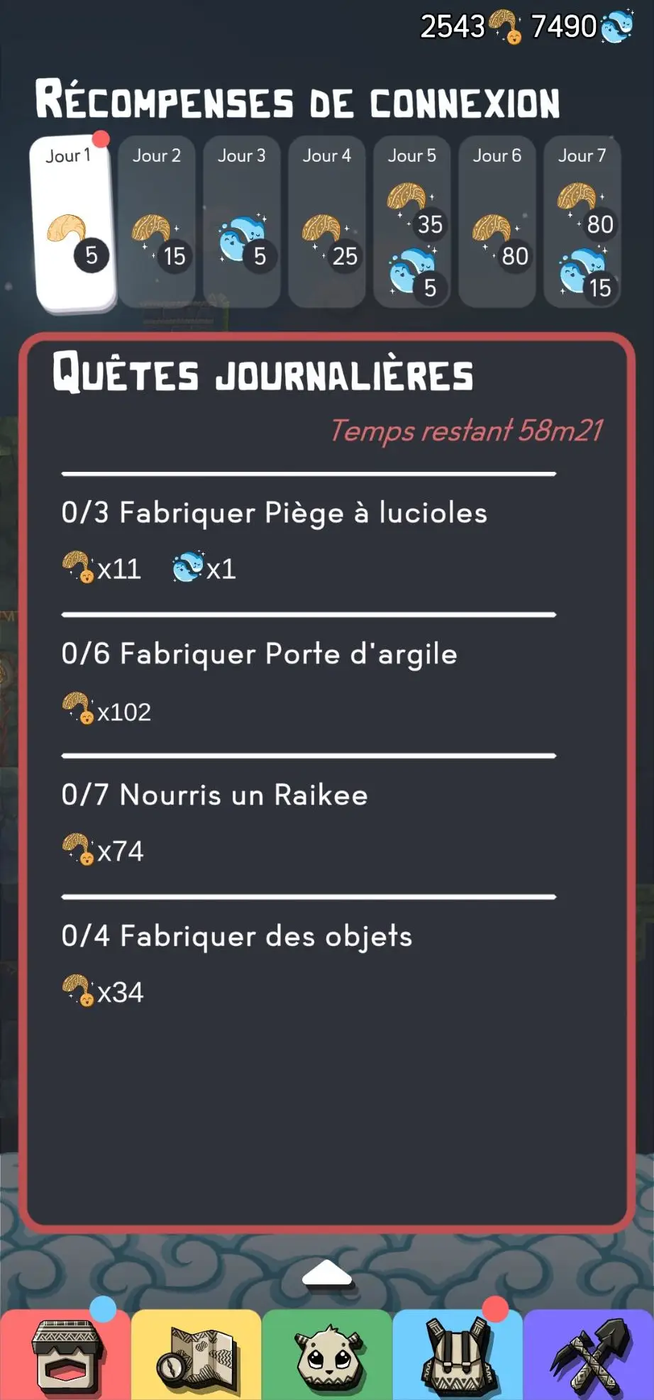 Récompenses de connexion et quêtes journalières